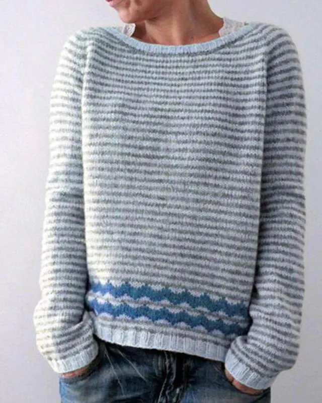 Round Neck Color Contrast Loose Fashion Pullover Stripe - Shop at LoveMi