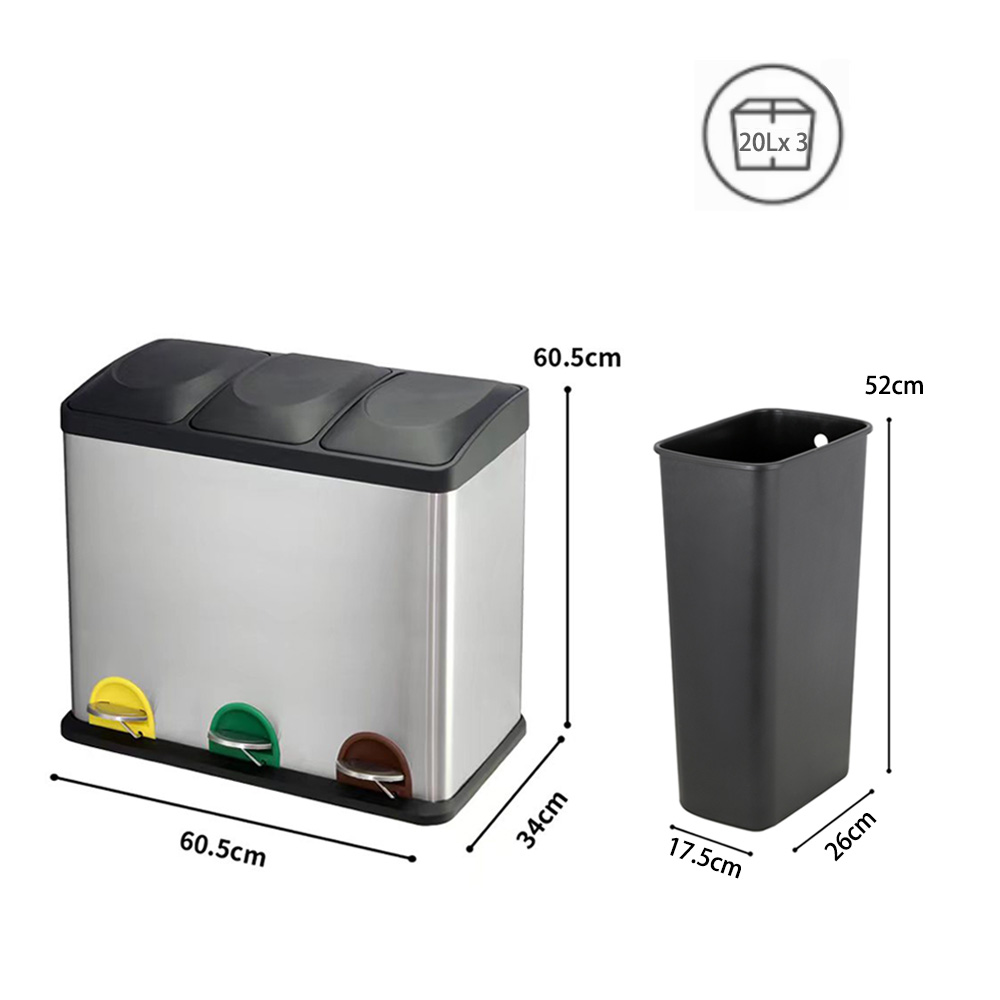 Rubbish Bin, Recycling For Kitchen,Stainless Triple Compartment Food Waste — image 2