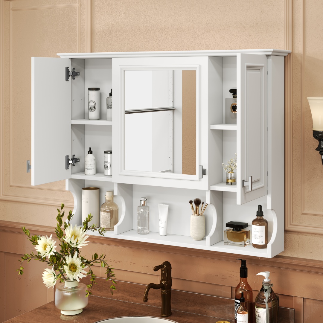 35in  X 28in  Wall Mounted Bathroom Medicine Cabinet, Modern Bathroom Wall Cabinet With Mirror,  Mirror Cabinet With Open Shelves