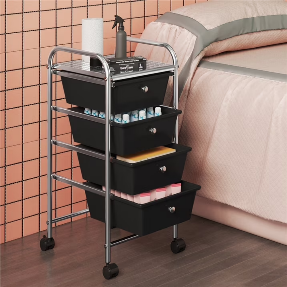 Rolling Trolley Storage Cart Bin With 4 Plastic Drawers On Wheels, Black