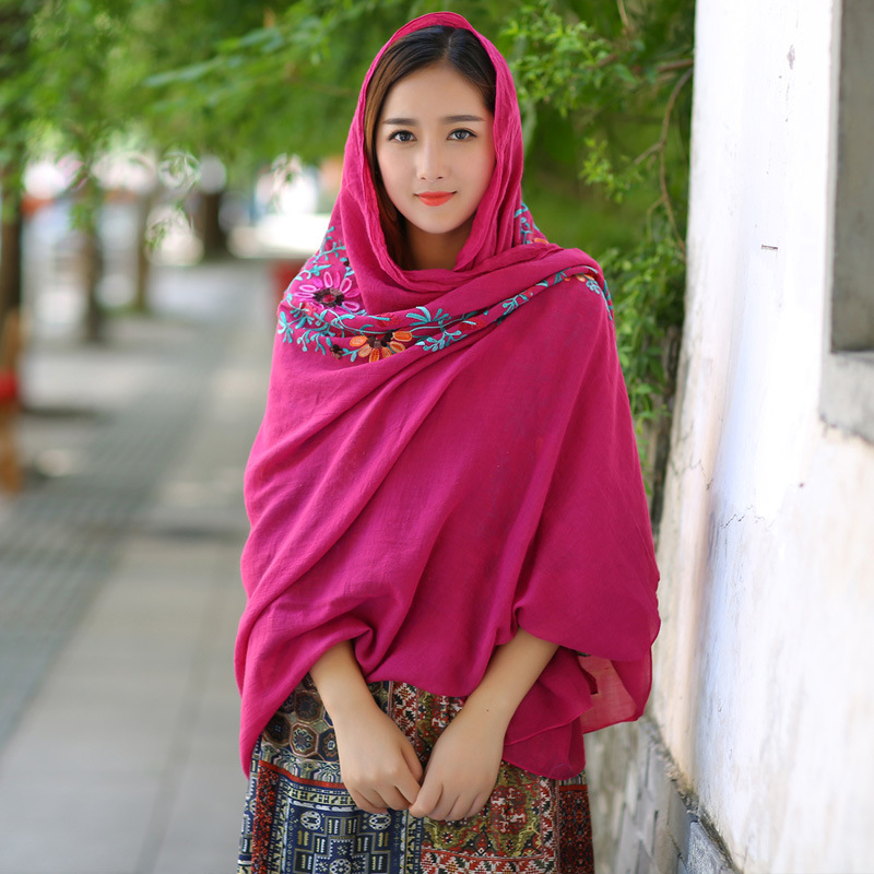 Ethnic Style Embroidered Floral Scarf Shawl Sunscreen Silk Female