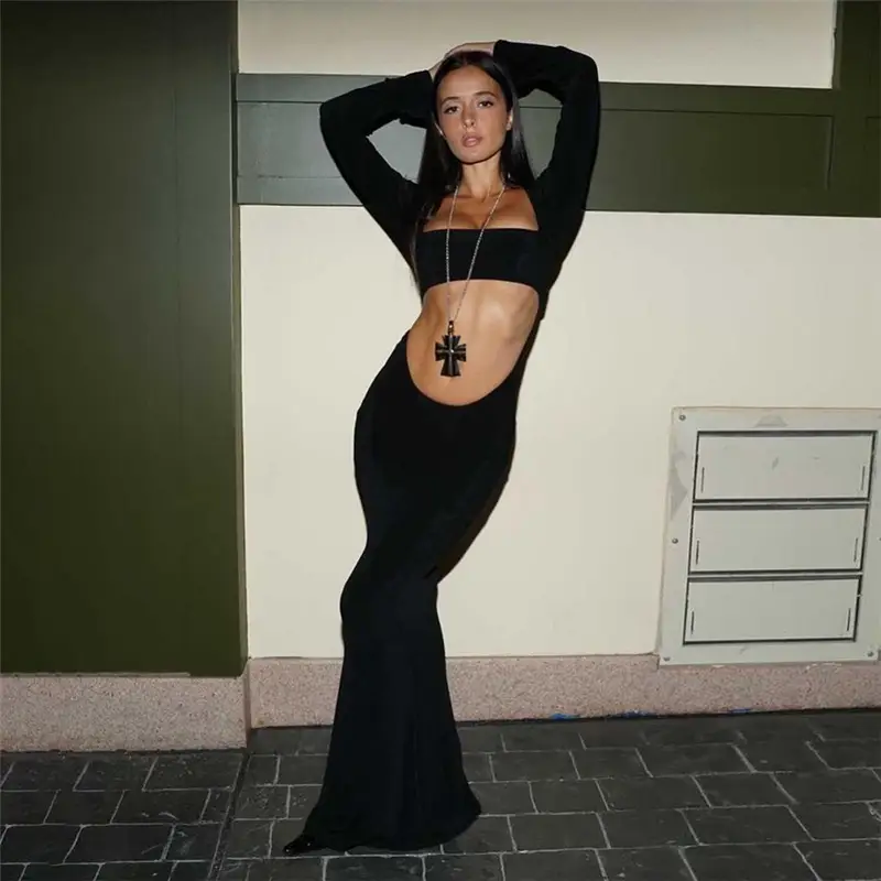Women's Long Evening Dress Elegant Hollow Solid Color