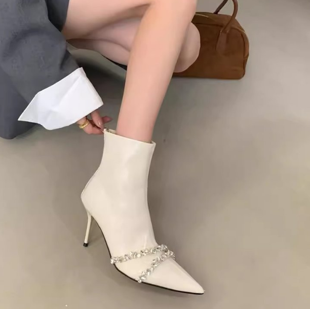 Women Spring Autumn Rhinestone Pointed Toe High Heel Ankle Boots, French Style Fleece Lined Slim Fit Booties product image