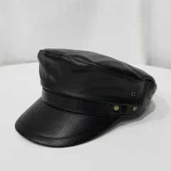Women's Autumn And Winter Flat Top Leather Peaked Octagonal Hat - Black - View 1