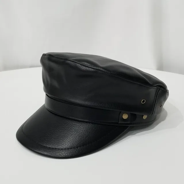 Women's Autumn And Winter Flat Top Leather Peaked Octagonal Hat Black - Shop at LoveMi