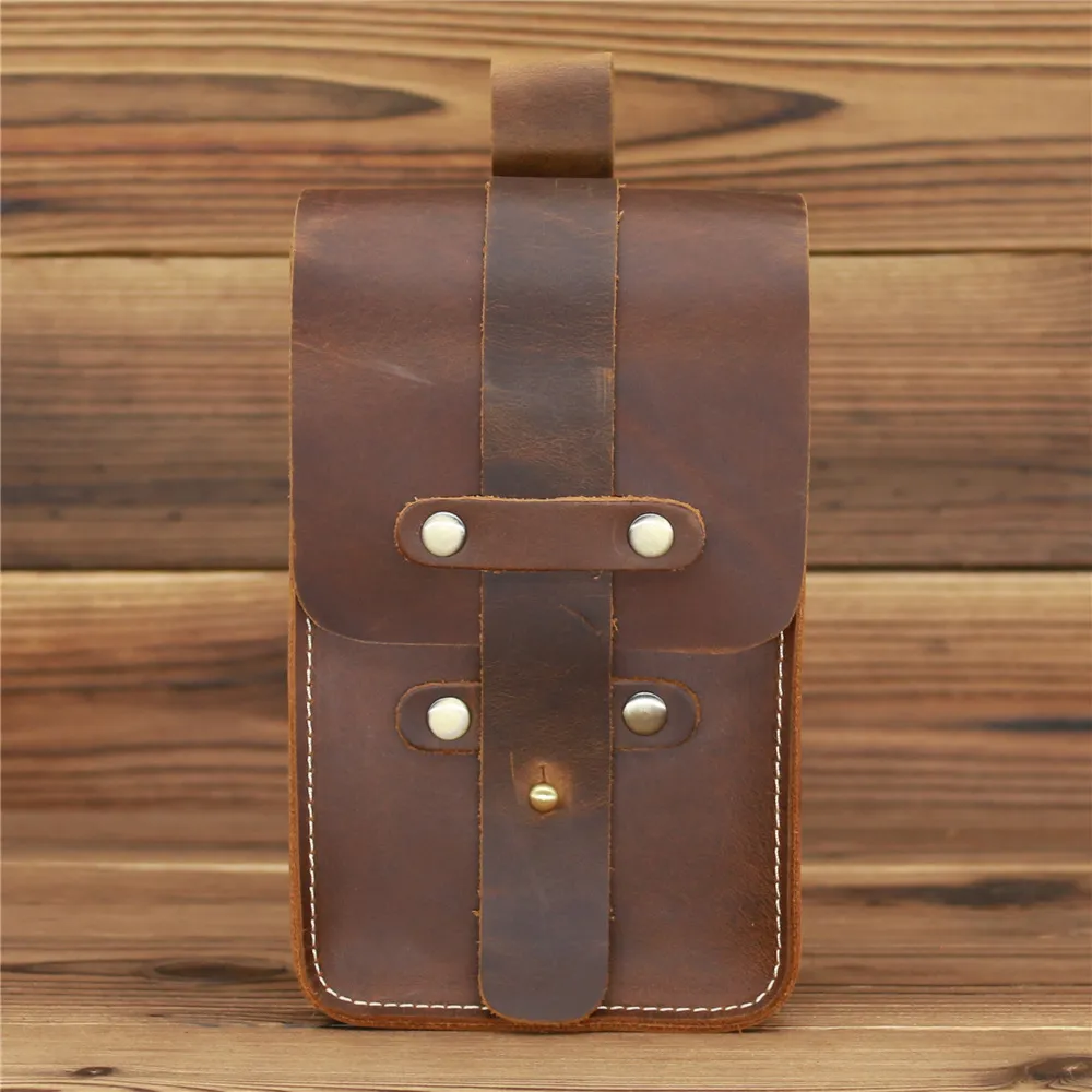 Men's And Women's Fashion Vintage Crazy Horse Leather Cell Phone Bag - Yellow