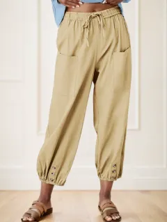 Wide Leg Capri Pants, Loose Casual Drawstring Waist Pants, Women's Clothing - Khaki - View 1