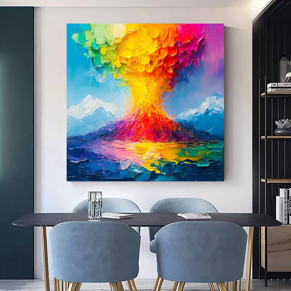 New Design Orange And Blue Volcano Knife Thick Canvas Artwork Handmade Oil Painting Volcanic Eruption Landscape Wall Decoration