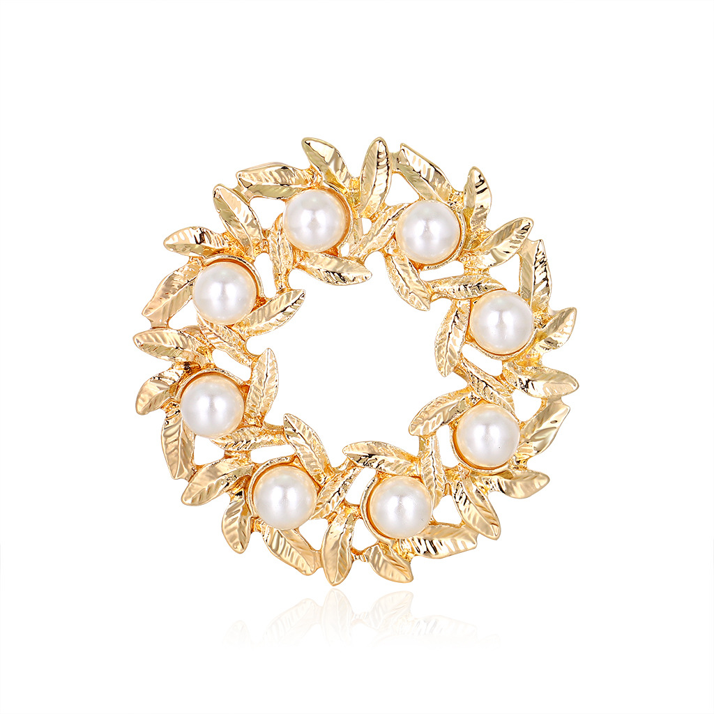 Fashion Alloy Wreath Leaf Pearl Brooch Gold - Shop at LoveMi
