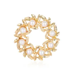 Fashion Alloy Wreath Leaf Pearl Brooch - Gold - View 1