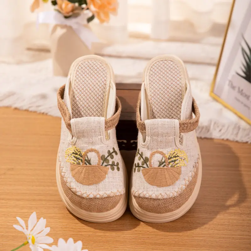 Linen Embroidered Slippers -Soft Sole Platform Slip-On Cloth Shoes, Chinese Style Summer Indoor Outdoor Dual-Use Women S Shoes