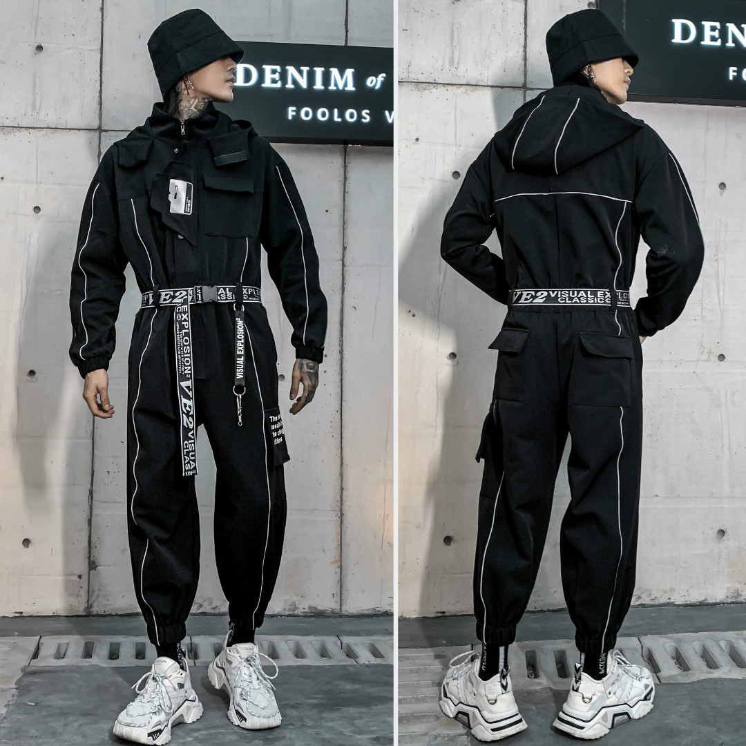 Title 6, Long-sleeved hooded suit with reflective tape b...