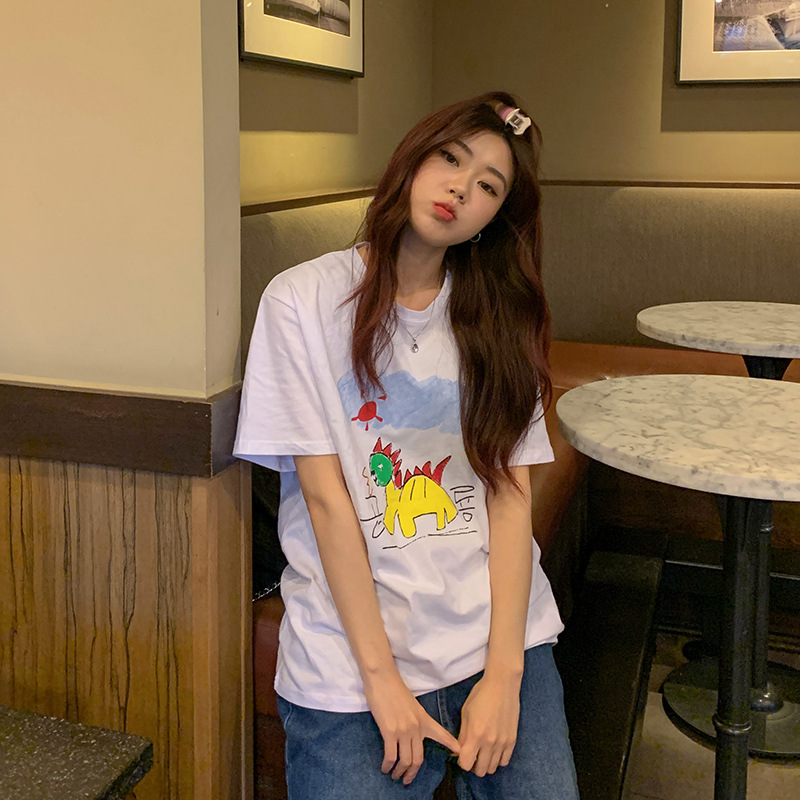 Cartoon Childlike Dinosaur Print T-shirt Women