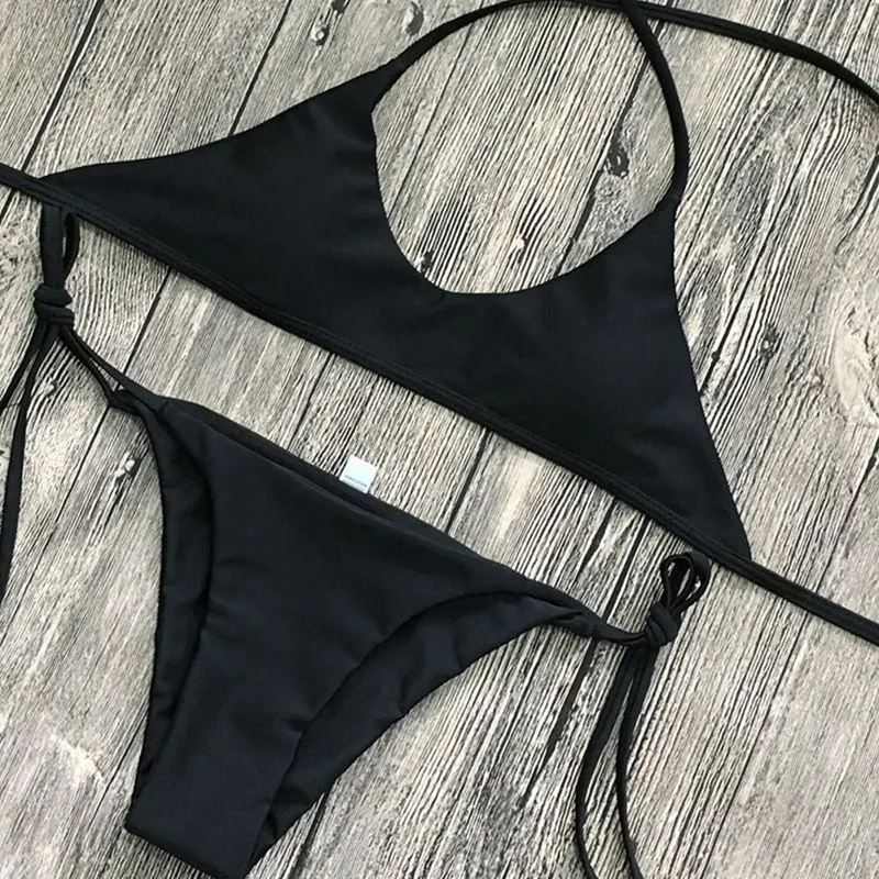 Ladies Swimwear Bikini Solid Color Bikini Set - Black