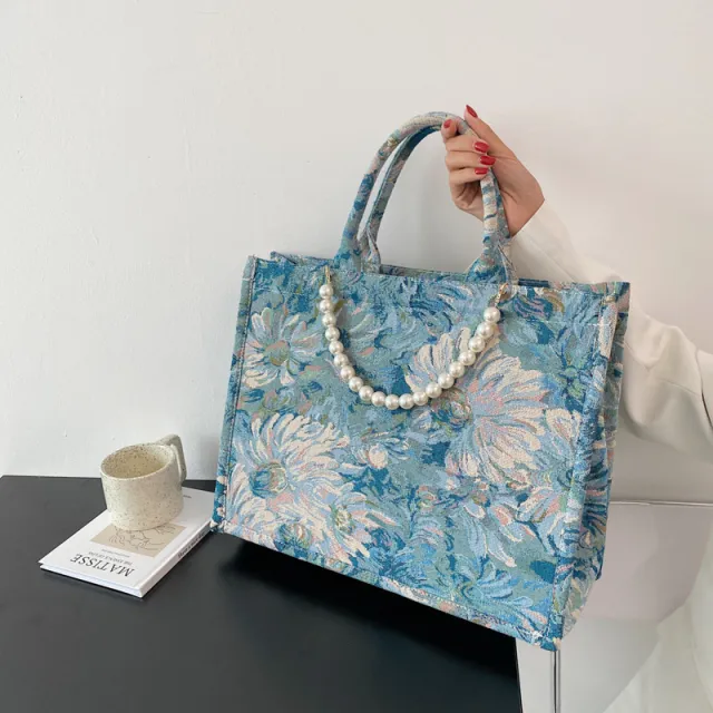 French Niche Pearl Jacquard Monet Garden Oil Painting Tote Bag Blue - Shop at LoveMi