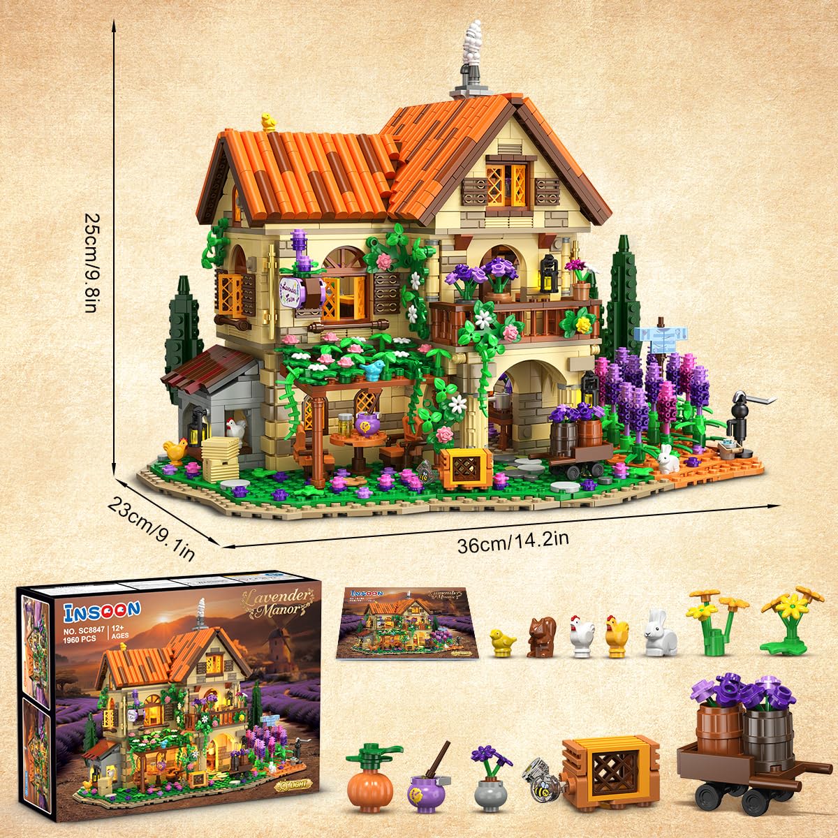 Lavender Manor House Building Set With Lights, 1960 PCS Lavender Estate Construction Model Home Decor, Romantic Lavender Flowers Cottage Building Block Kit Gift For Adults Teens Boys Girls — foto 8
