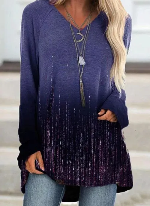 New V Neck Long Sleeved Gradient T Shirt Purple - Shop at LoveMi