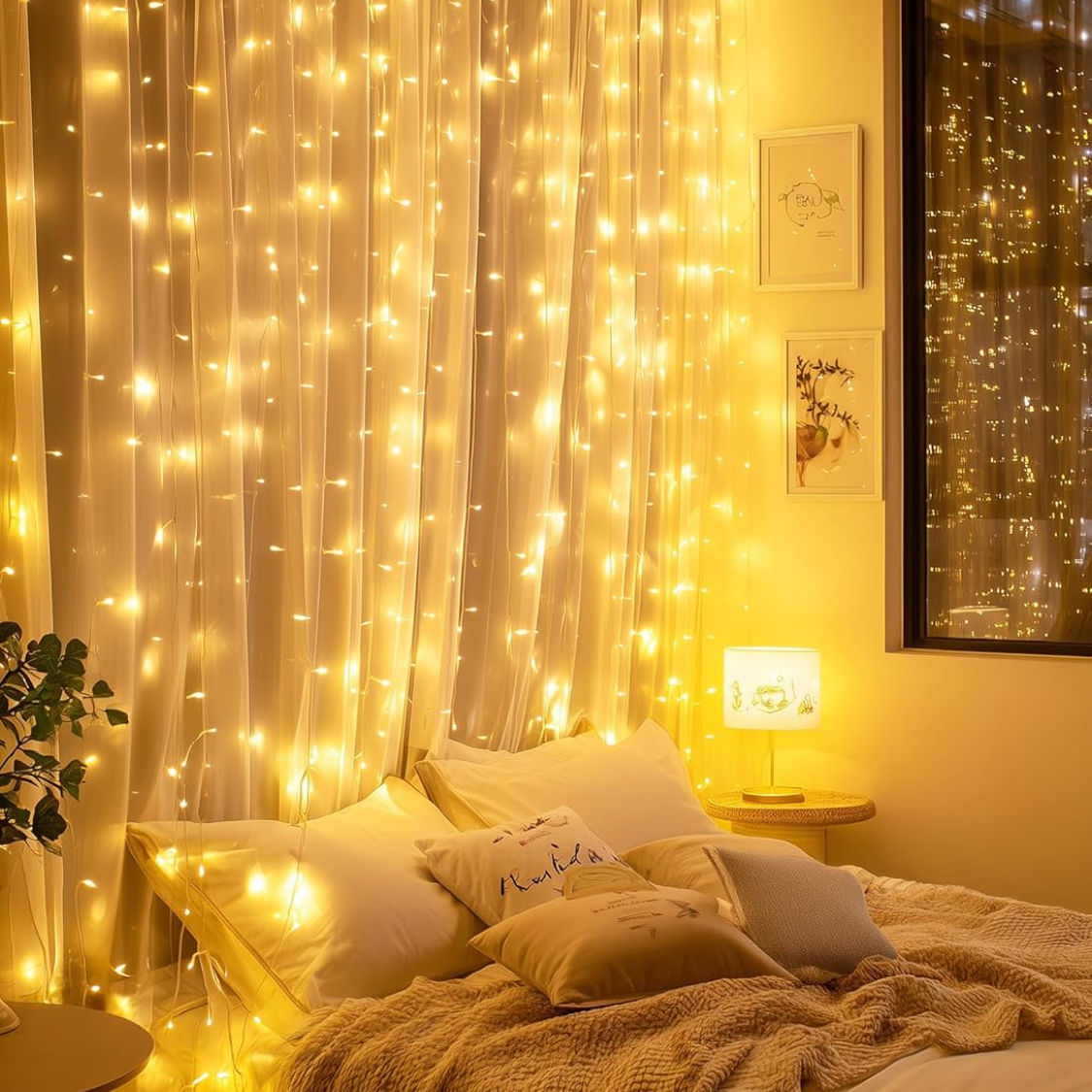 300 LED Fairy Curtain Lights  Warm White Curtain String Lights USB Plug In 8 Lighting Modes Christmas Decoration, Hanging Lights — foto 5