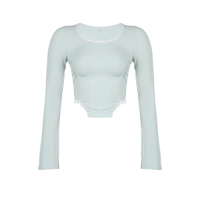Hem Micro Trumpet Sleeves Waist Lace Pleated To Show Thin Knitted Top For Women - Blue