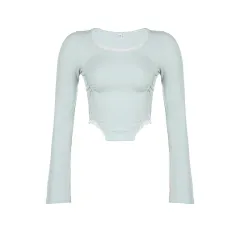 Hem Micro Trumpet Sleeves Waist Lace Pleated To Show Thin Knitted Top For Women - Blue - View 1