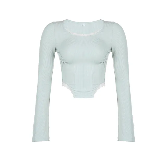 Hem Micro Trumpet Sleeves Waist Lace Pleated To Show Thin Knitted Top For Women Blue - Shop at LoveMi
