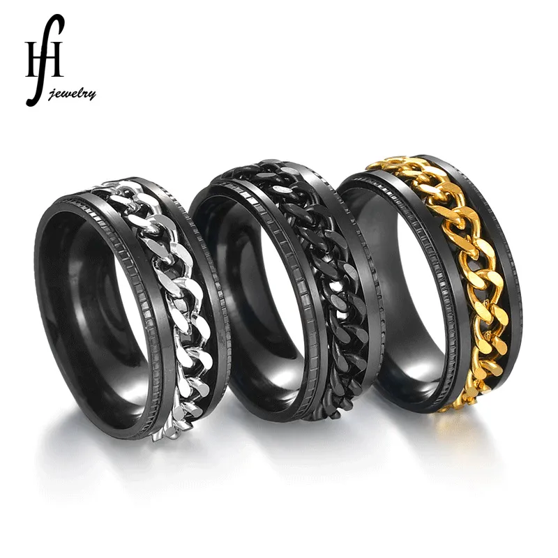 Stainless Steel Rotating Cuban Chain Spinner Ring For Men