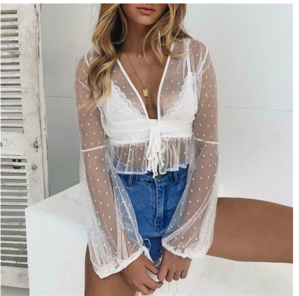 Fashion Sexy Mesh See-through Bandage Cardigan Short Outer Wear Sun Protection Shirt