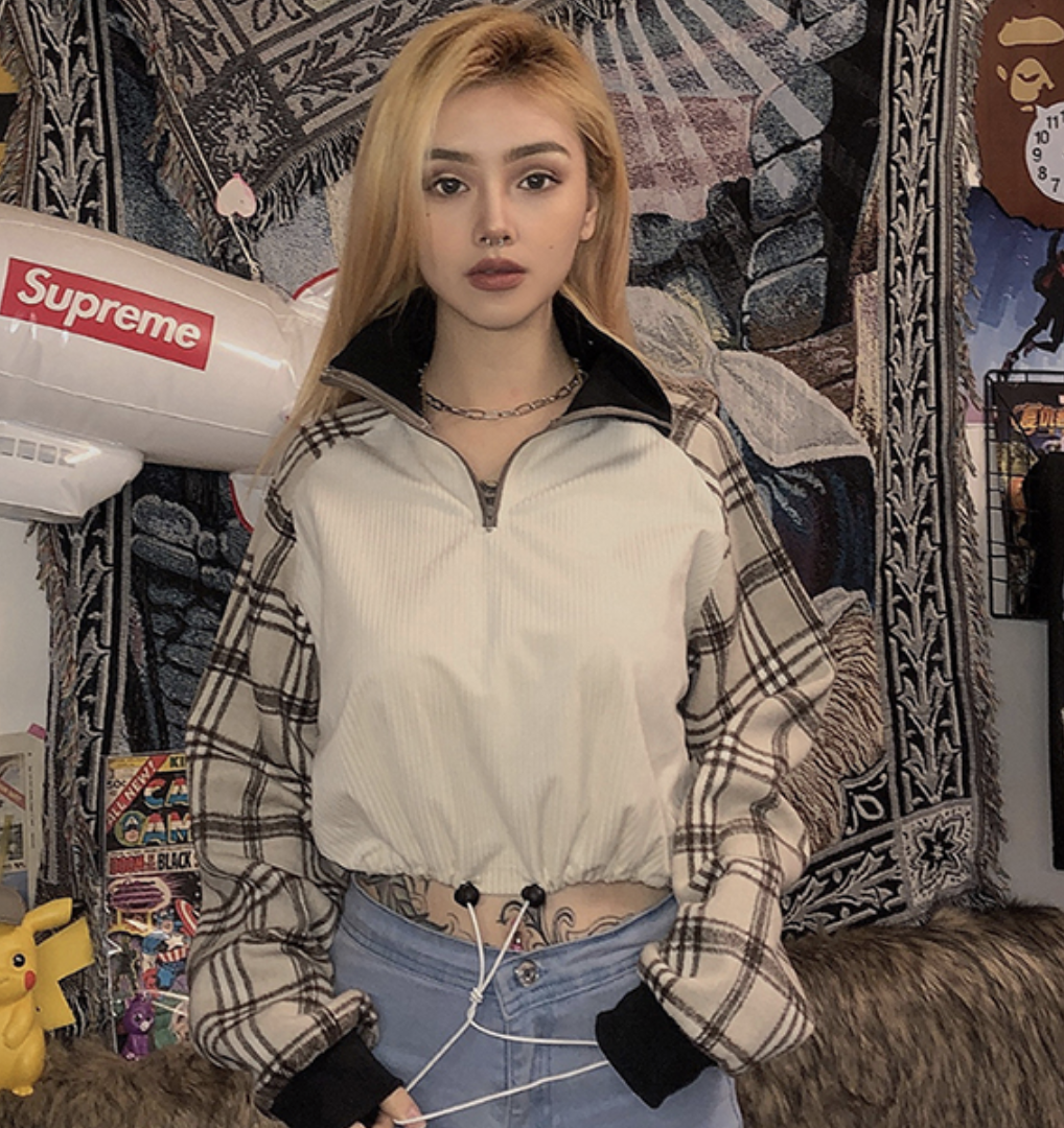 Title 1, Vintage short hoodie girl bf loose plaid matchi...