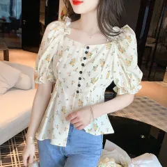 Women's Fashion French V-neck Irregular Floral Shirt - Apricot - View 1