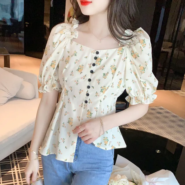 Women's Fashion French V neck Irregular Floral Shirt Apricot - Shop at LoveMi