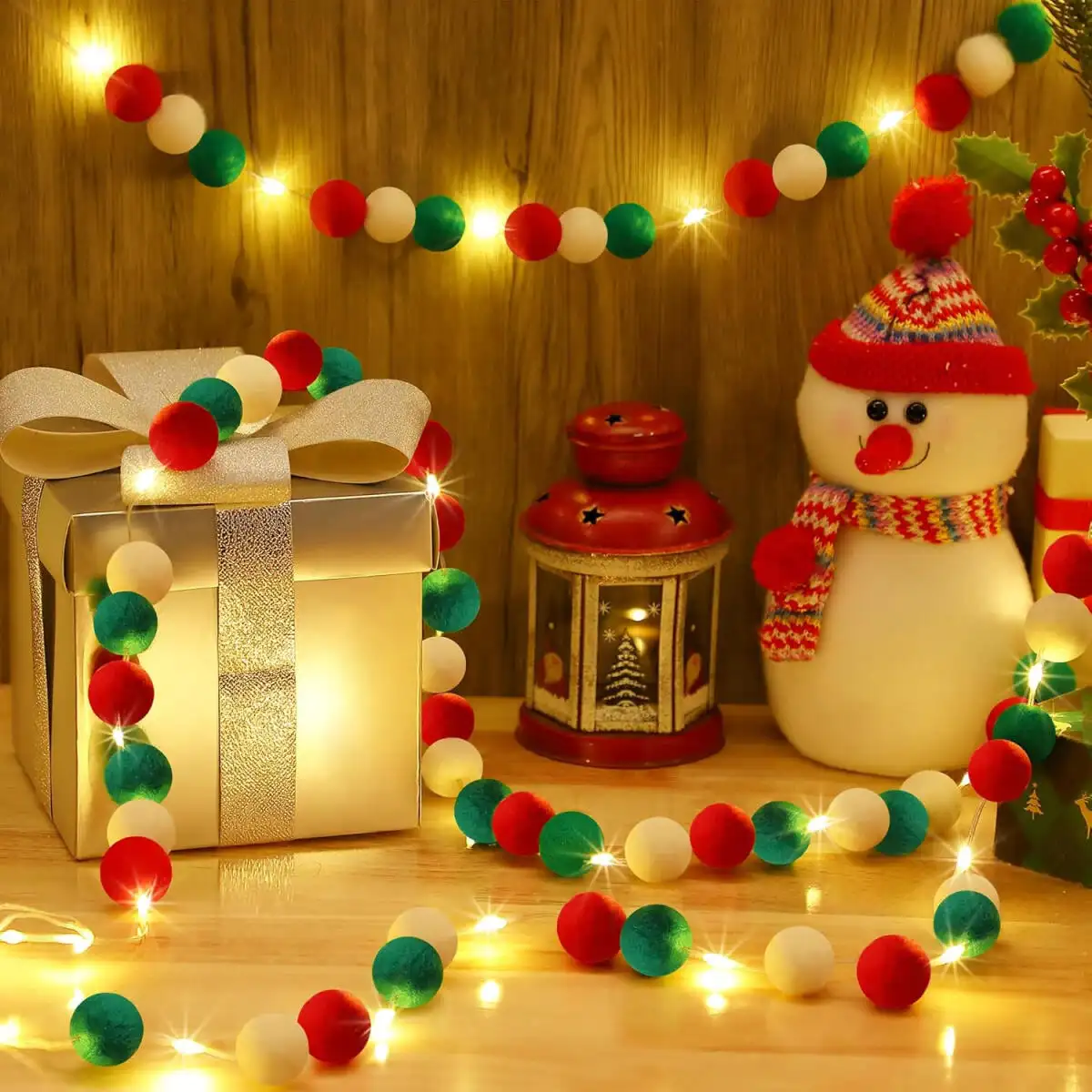 9.84 Ft Felt Ball Garland With Warm Light String
