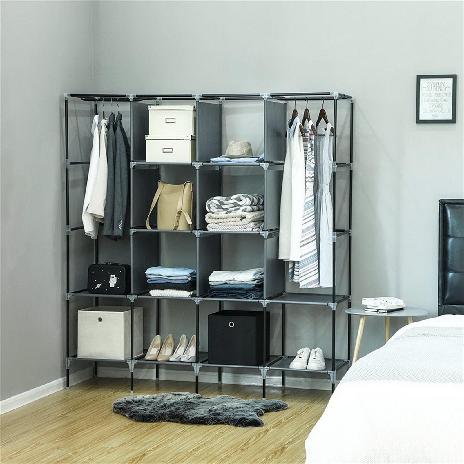 67 Inch Clothes Closet Portable Wardrobe Clothes Storage Rack 12 Shelves 4 Side Pockets Gray