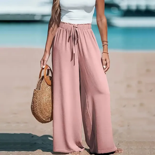 Women's Elastic High Waist Wide Leg Pants, Casual Loose Fit Trousers For Business & Everyday Wear Pink - Shop at LoveMi