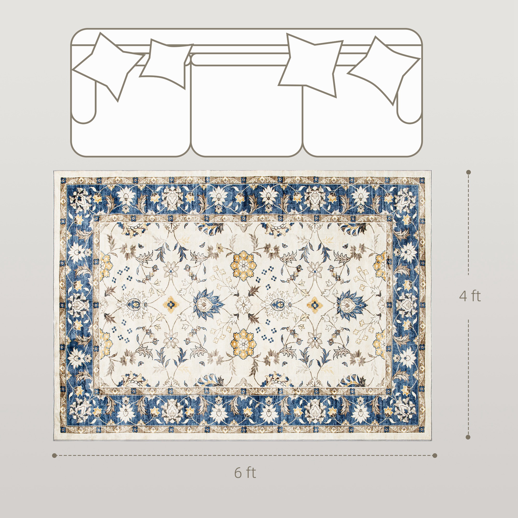 Machine Washable Area Rug 4x6, Non Slip Boho Floral Print Floor Carpet For Living Room, Bedroom, Dining Room, Blue Blue - Shop at LoveMi