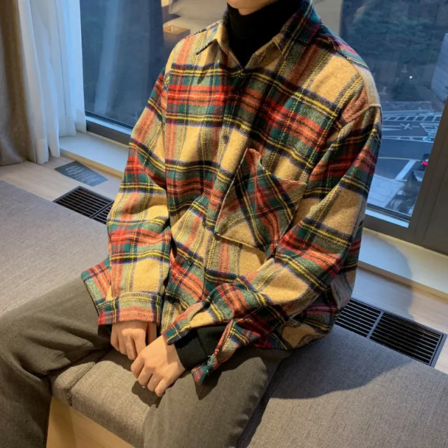Trendy Cool Coat Long sleeved Plaid Shirt Khaki - Shop at LoveMi