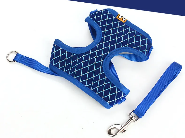 Dog Leash Breathable Mesh With Flash Diamond Nylon Pet Chest Back Leash - Blue