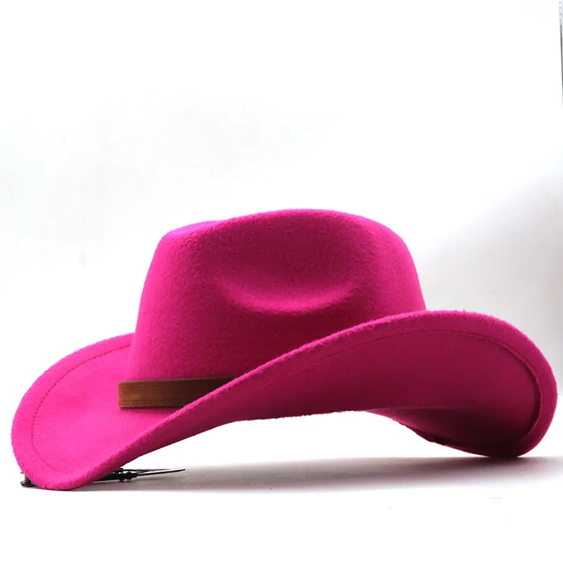 Casual Retro Belt Autumn And Winter Men's And Women's Woolen Western Cowboy Hat - Rose Red