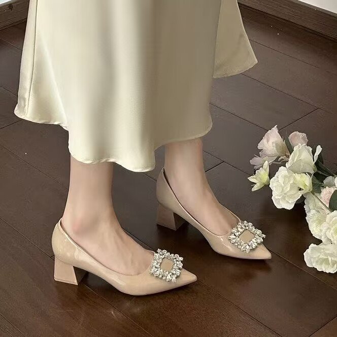 2026 French Elegant Pointed Toe Low Cut Shoes For Women, Rhinestone Square Buckle, Commute Casual Block Heel Pumps