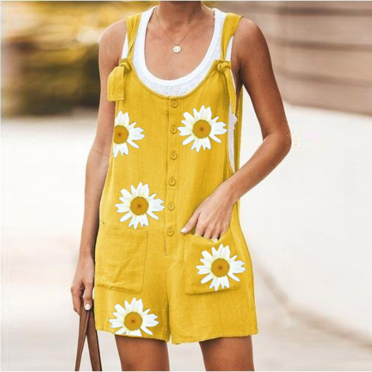 Women's Daisy Print Solid Color Patch Pockets Lace up Cotton And Linen Suspender Pants Yellow - Shop at LoveMi