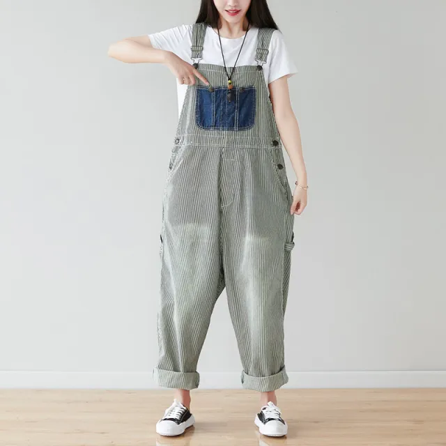 A Shirt With Water New Female Plus Size Striped Overalls Korean Version Grey - Shop at LoveMi