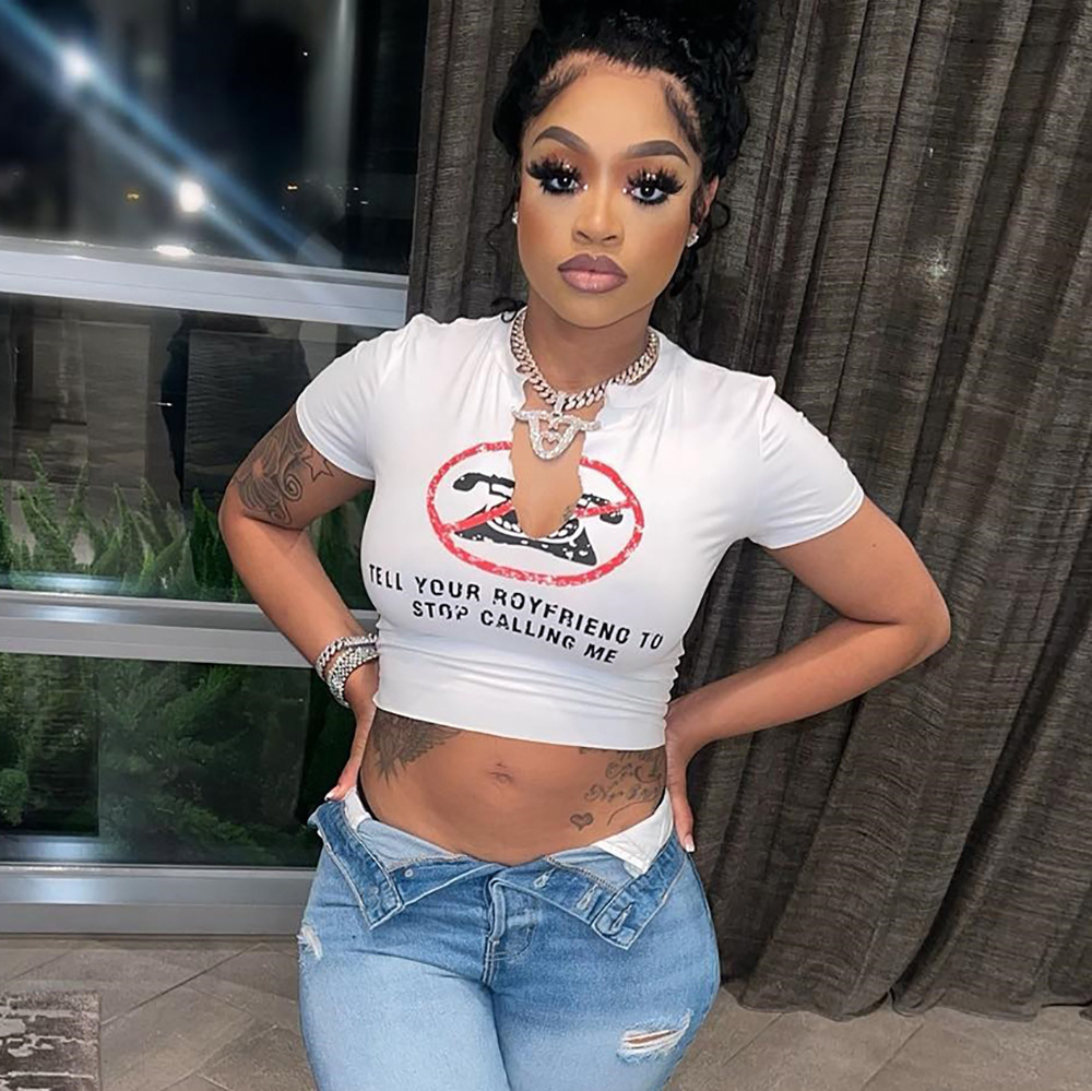 Printed Letter Short Sleeve Open Navel Street Fashion T-shirt