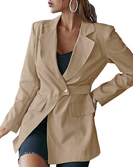 Lapel Neck Tie Long Sleeve Casual Blazer Ladies Khaki - Shop at LoveMi