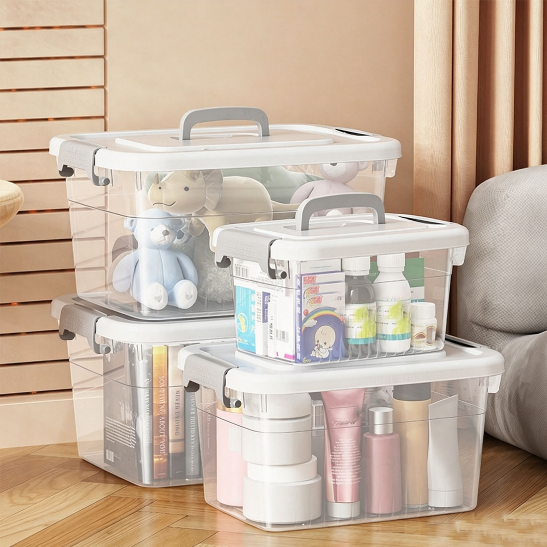 4PCS Clear Plastic Storage Boxes With Lids Stackable Box Home Office Kitchen UK — image 9