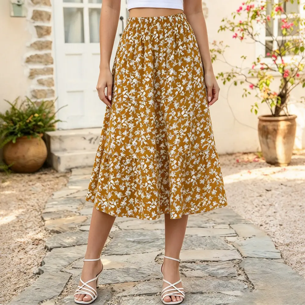 Women Ditsy Floral Midi Skirt Elastic High Waist