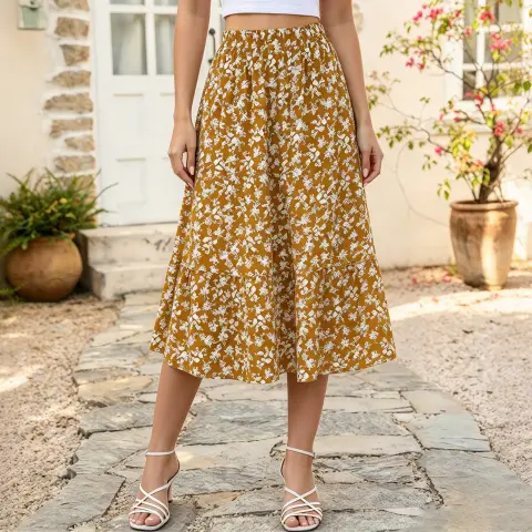 Women Ditsy Floral Midi Skirt Elastic High Waist