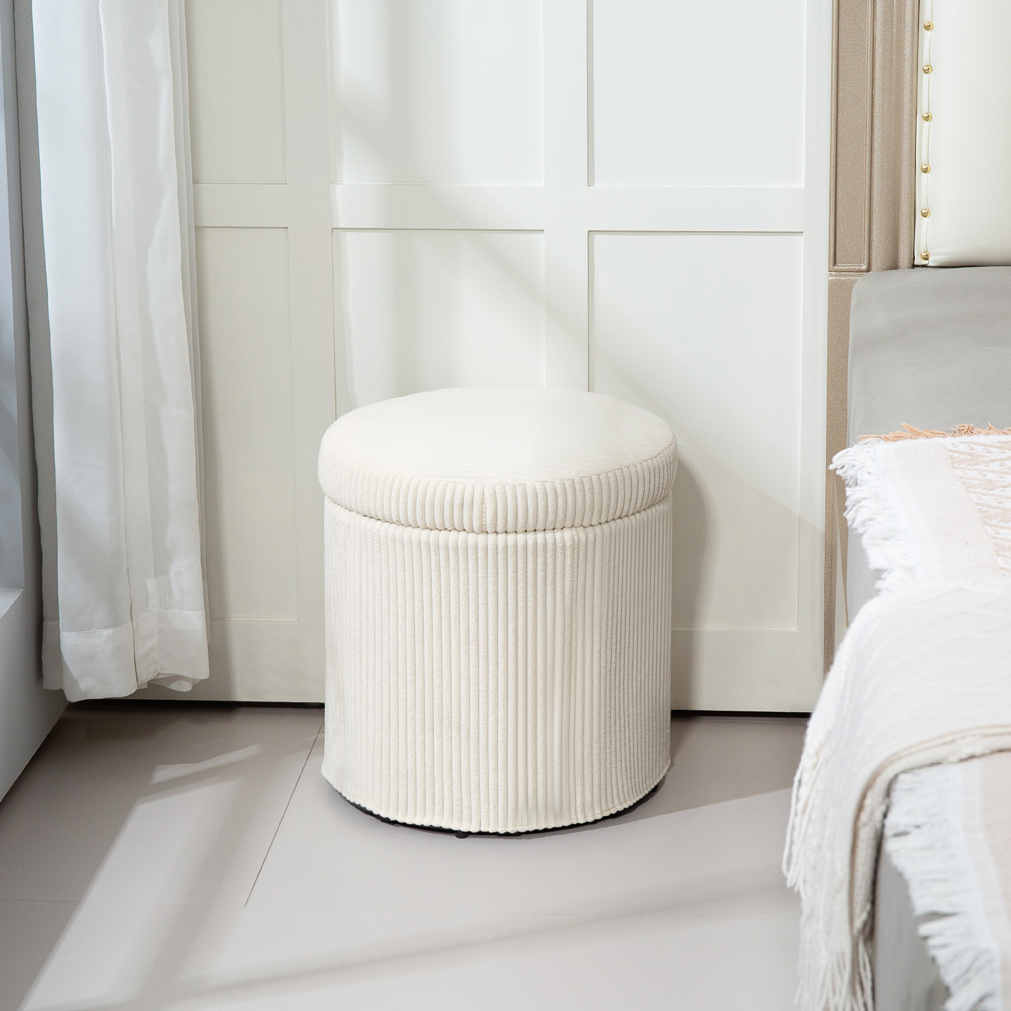 40cm Round Storage Footstool, Made Of Corduroy Material, With Detachable Lid — image 5