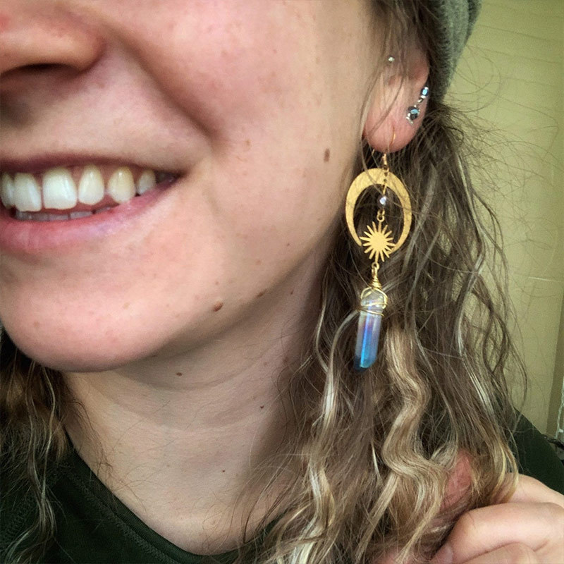 Boho Celestial Halo Moon And Star Quartz Earrings