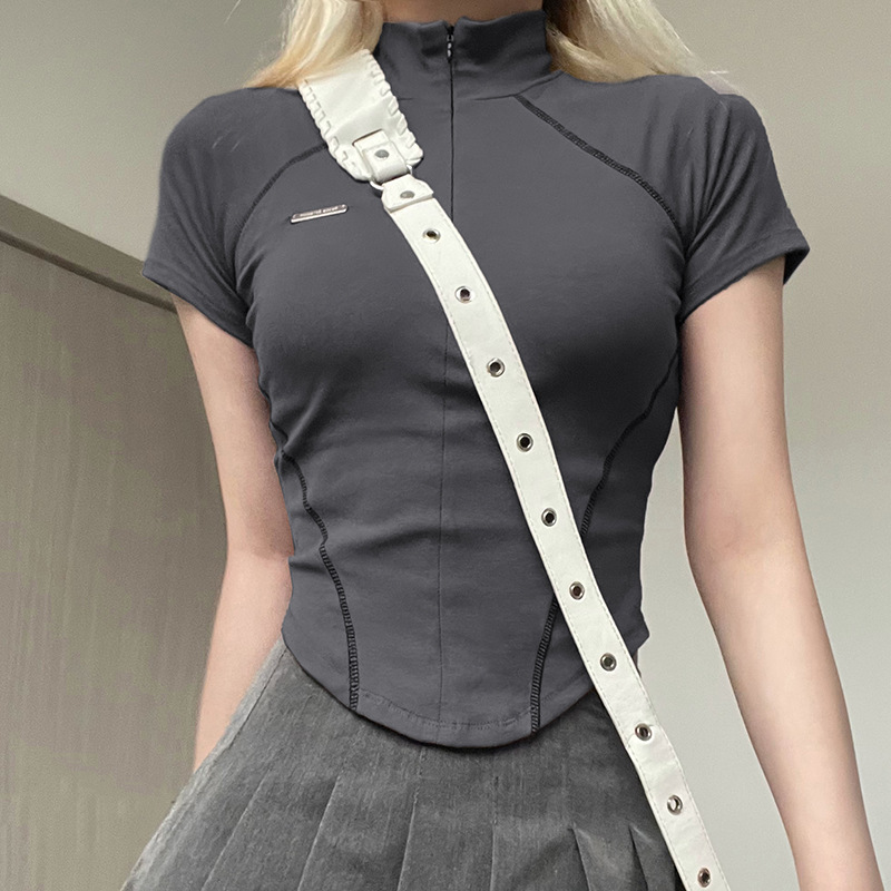 Split Slimming Invisible Zipper Spice Girl Stand-up Collar Bottoming Short Top