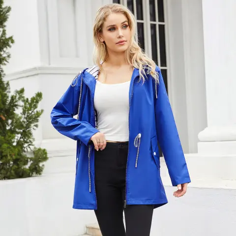 Long Sleeved Splashproof Mid Length Windbreaker for Women's Hooded
