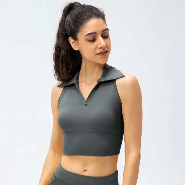 Women's Lapel Tight Yoga Vest Nude High Waist Fitness Grey - Shop at LoveMi